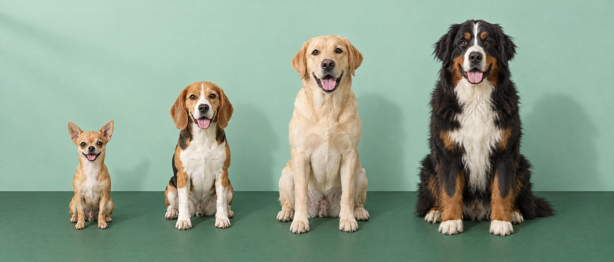 Un chihuahua, un beagle, un labrador e un bovaro del Bernese seduti in fila, dal più piccolo al più grande